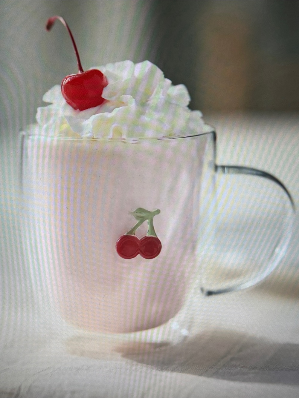Anthropologie Pink Glass Mug with Cherry Accent